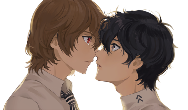 Anime picture 1200x704 with persona 5 persona amamiya ren akechi gorou poti fringe short hair black hair simple background hair between eyes red eyes brown hair wide image white background profile black eyes multiple boys face to face eye contact shounen ai