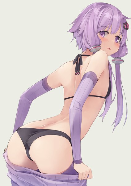 Anime picture 1133x1602 with vocaloid voiceroid yuzuki yukari kanzen bouon single long hair tall image looking at viewer blush fringe open mouth light erotic simple background hair between eyes purple eyes twintails bare shoulders purple hair ahoge ass