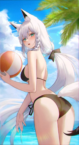 Anime picture 2000x3697 with virtual youtuber hololive shirakami fubuki ame 816 single tall image looking at viewer blush fringe highres breasts open mouth light erotic hair between eyes large breasts standing holding animal ears sky silver hair