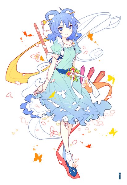Anime picture 688x1000 with touhou kaku seiga ideolo single tall image looking at viewer blush short hair blue eyes simple background smile white background blue hair girl dress hair ornament petals socks insect butterfly