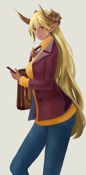 Anime picture 1200x2430 with original bounin single long hair tall image fringe simple background blonde hair standing brown eyes horn (horns) pointy ears grey background open clothes open jacket girl earrings jacket mobile phone