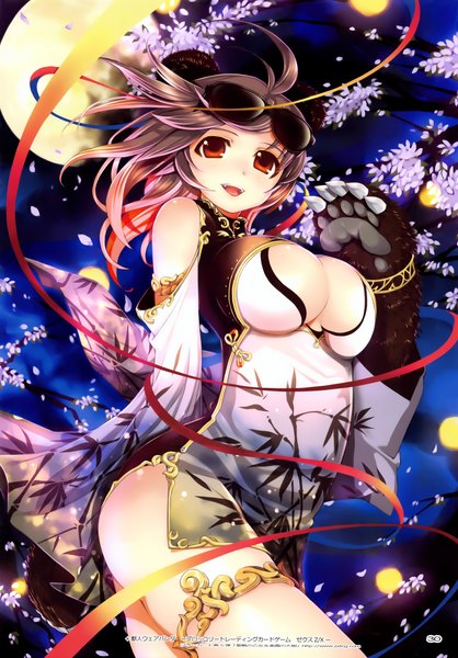 Anime picture 2090x3000 with z/x: ignition mikazuki akira single long hair tall image highres breasts light erotic red eyes brown hair scan night girl dress flower (flowers) petals moon sunglasses