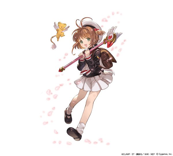 イラスト 1000x900 と カードキャプターさくら グランブルーファンタジー clamp 木之本桜 ケロちゃん minaba hideo ソロ カメラ目線 前髪 短い髪 開いた口 simple background 笑顔 茶色の髪 白背景 holding 緑の目 全身 アホ毛 blunt bangs