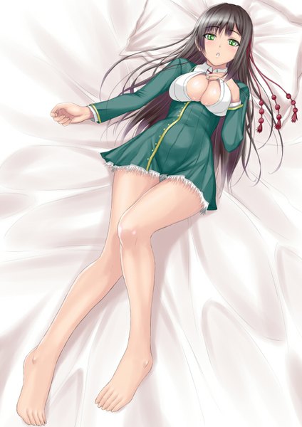 Anime picture 595x841 with koi to senkyo to chocolate shinonome satsuki muffin (sirumeria) single long hair tall image looking at viewer breasts light erotic black hair green eyes cleavage barefoot bare legs girl uniform school uniform