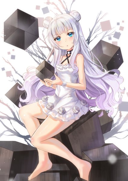 Anime picture 2480x3508 with azur lane le malin (azur lane) le malin (the knight's true nature) (azur lane) holmemee single long hair tall image looking at viewer blush fringe highres open mouth blue eyes simple background sitting bare shoulders holding payot full body bent knee (knees)