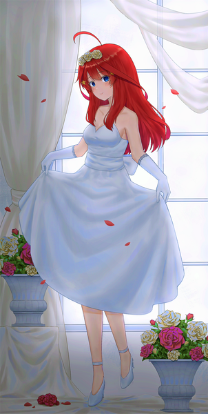 Anime picture 1966x3908 with go-toubun no hanayome nakano itsuki yihsien single long hair tall image looking at viewer blush fringe highres blue eyes smile standing bare shoulders full body ahoge red hair indoors hair flower high heels