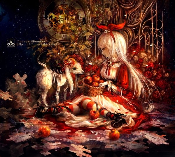 Anime picture 800x720 with original 317/miiina (pixiv) single long hair fringe sitting holding signed payot looking away white hair head tilt profile knees touching skeleton bone (bones) girl thighhighs dress hair ornament