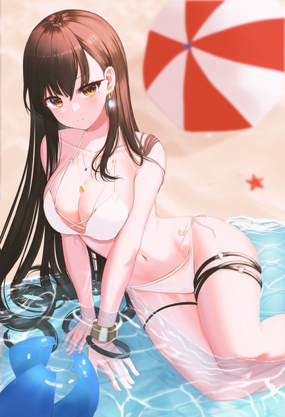 Anime picture 2920x4259 with original moko (jw7436) single long hair tall image looking at viewer blush fringe highres breasts light erotic hair between eyes brown hair large breasts sitting yellow eyes cleavage outdoors from above blurry
