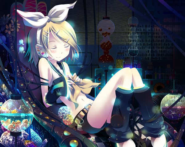 Anime picture 1097x873 with vocaloid kagamine rin short hair blonde hair eyes closed laboratory girl bow hair bow detached sleeves shorts headphones chair
