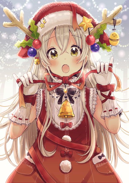 Anime picture 2894x4093 with original sakura oriko single long hair tall image looking at viewer blush fringe highres open mouth blonde hair hair between eyes standing yellow eyes upper body horn (horns) :o fang (fangs) christmas bell collar