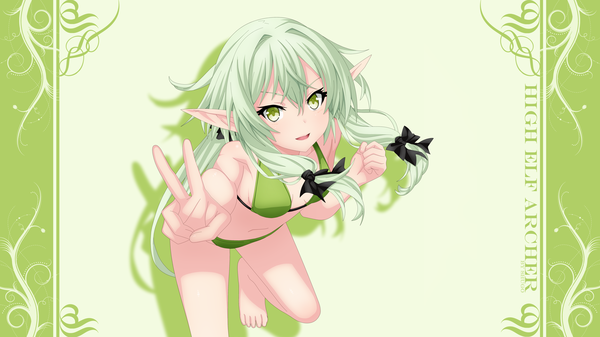 Anime picture 3840x2160 with goblin slayer! high elf archer (goblin slayer!) shugo19 single long hair looking at viewer fringe highres breasts open mouth light erotic simple background smile hair between eyes wide image standing green eyes payot absurdres full body