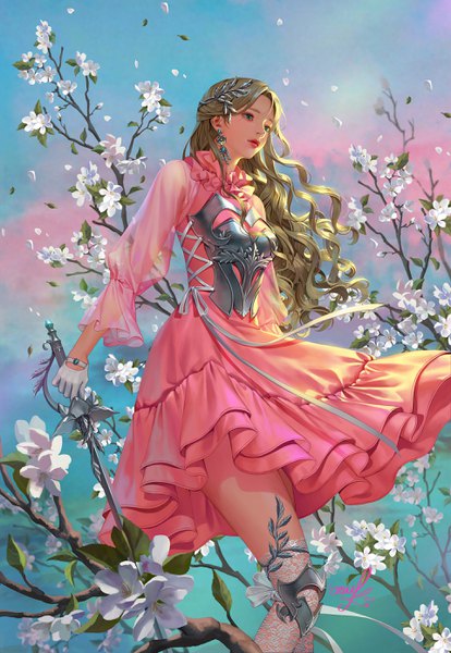 Anime picture 1920x2779 with original soo kyung oh single long hair tall image highres blonde hair green eyes signed looking away sky wind realistic lipstick cherry blossoms wavy hair girl dress gloves hair ornament