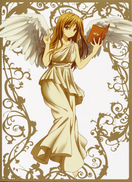 Anime picture 3153x4350 with chuunibyou demo koi ga shitai! kyoto animation nibutani shinka tagme (artist) single long hair tall image highres brown hair brown eyes absurdres traditional clothes barefoot angel wings white wings angel girl hair ornament wings book (books)