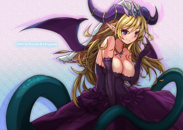 Anime picture 1280x909 with puzzle & dragons lilith (p&d) rocknroll (artist) single long hair looking at viewer blush breasts light erotic blonde hair smile large breasts purple eyes bare shoulders horn (horns) pointy ears demon wings monster girl girl dress