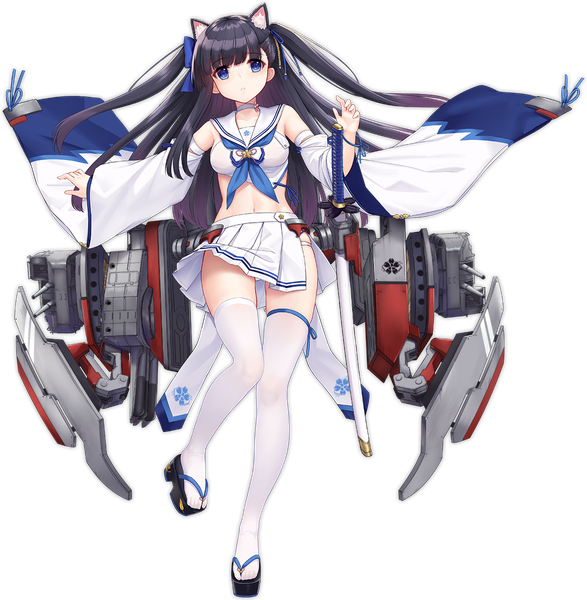 Anime picture 1174x1200 with azur lane hatsuharu (azur lane) allenes single long hair tall image looking at viewer blush fringe blue eyes light erotic black hair standing animal ears full body blunt bangs parted lips pleated skirt cat ears wide sleeves