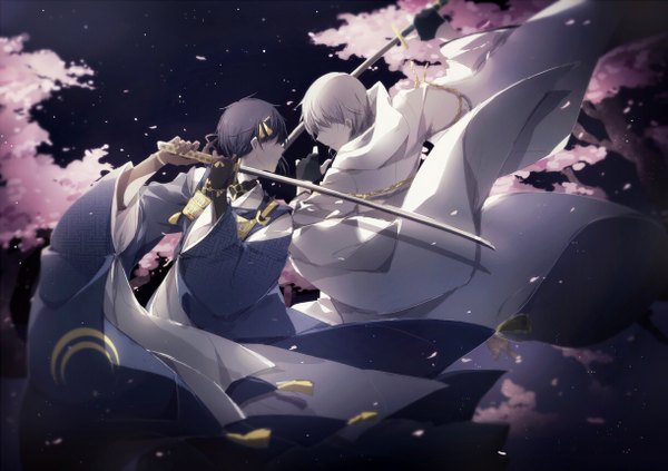 Anime picture 1220x861 with touken ranbu nitroplus tsurumaru kuninaga mikazuki munechika peneko short hair black hair holding traditional clothes japanese clothes profile grey hair night multiple boys cherry blossoms hair over eyes spring sayagata boy gloves