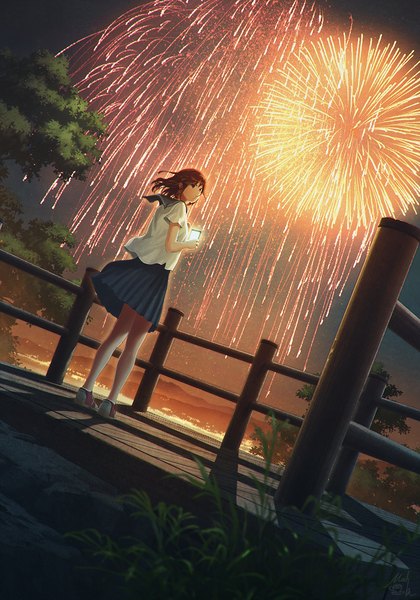 Anime picture 913x1304 with original mocha (cotton) single long hair tall image looking at viewer fringe brown hair standing holding brown eyes full body outdoors pleated skirt looking back night short sleeves dutch angle night sky fireworks