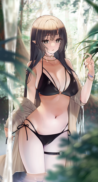 Anime picture 1618x3000 with original sino42 single long hair tall image looking at viewer fringe breasts open mouth light erotic black hair large breasts cleavage outdoors blunt bangs nail polish fingernails pointy ears black eyes blurry