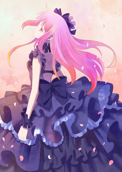 Anime picture 724x1023 with original shati single long hair tall image pink hair pink eyes from behind floating hair looking up frilled dress girl dress petals frills black dress