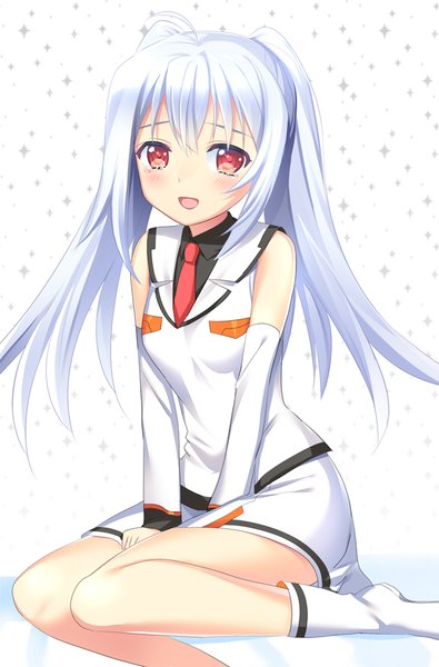 Anime picture 720x1094 with plastic memories isla (plastic memories) mochiko (mochiko3121) single long hair tall image looking at viewer blush fringe open mouth simple background hair between eyes red eyes white background sitting twintails bare shoulders payot silver hair ahoge