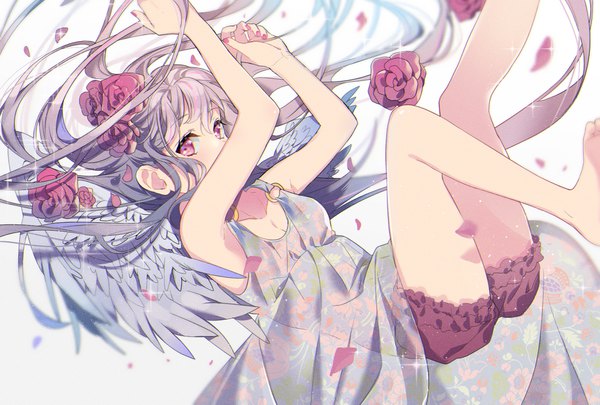 Anime picture 1743x1179 with original omutatsu single long hair looking at viewer blush fringe highres breasts simple background hair between eyes white background nail polish pink eyes barefoot hair flower grey hair bare legs sparkle floating hair