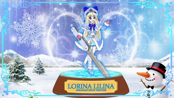 Anime picture 1920x1080 with kagihime monogatari eikyu alice rondo lorina lilina nanohamagica single long hair fringe highres open mouth blue eyes blonde hair wide image standing holding full body blunt bangs :d puffy sleeves character names winter snow