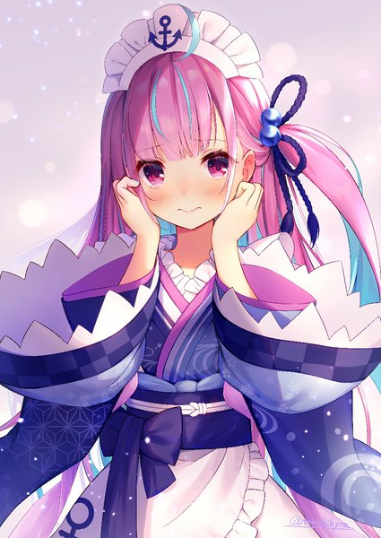 Anime picture 836x1180 with virtual youtuber hololive minato aqua minato aqua (3rd costume) tokoshibyra single long hair tall image blush purple eyes purple hair upper body ahoge traditional clothes japanese clothes multicolored hair embarrassed streaked hair one side up official alternate costume