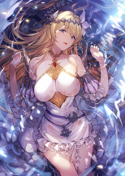 Anime picture 1413x2000 with granblue fantasy jeanne d'arc (granblue fantasy) kakage single long hair tall image looking at viewer blush fringe breasts open mouth light erotic blonde hair hair between eyes large breasts purple eyes bare shoulders lying wet on back