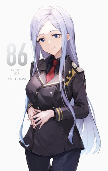 Anime picture 872x1382 with 86 -eightysix- anju emma ema (kuguiema) single long hair tall image blue eyes simple background smile standing white background silver hair mole copyright name character names mole under eye interlocked fingers girl uniform military uniform
