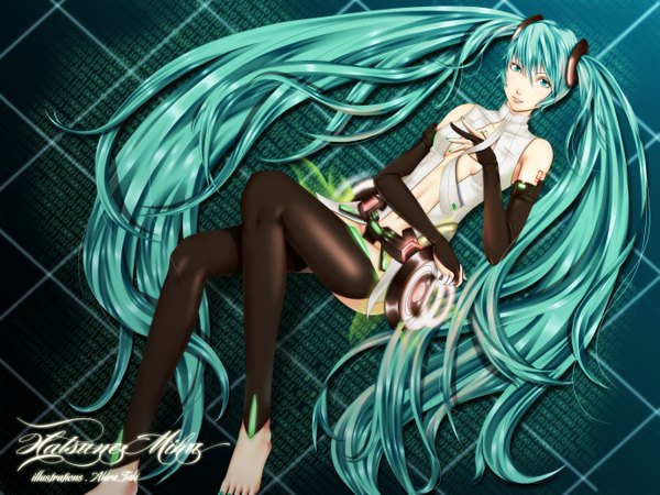 Anime picture 2757x2068 with vocaloid vocaloid append hatsune miku hatsune miku (append) highres twintails green eyes very long hair nail polish green hair girl