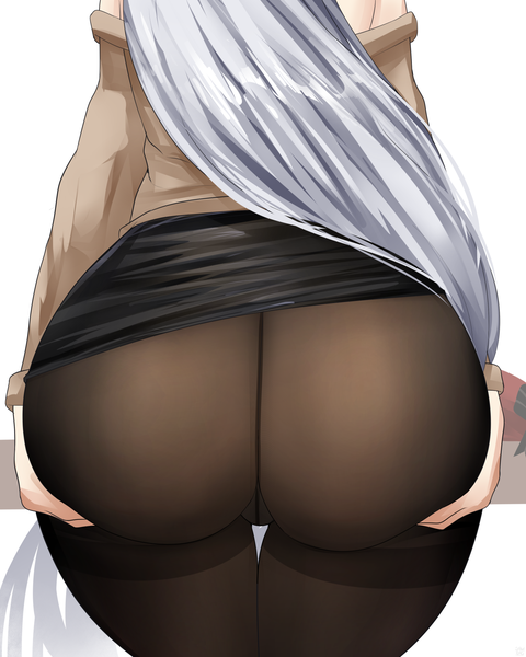 Anime picture 1400x1750 with azur lane belfast (azur lane) belfast (shopping with the head maid) (azur lane) sana!rpg single long hair tall image light erotic simple background standing white background silver hair ass from behind off shoulder thigh gap official alternate costume skirt lift head out of frame pov ass