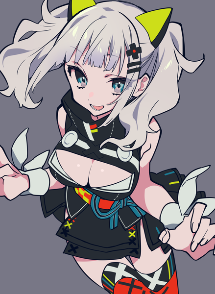 Anime picture 1562x2135 with virtual youtuber the moon studio kaguya luna mochizuki kei single long hair tall image looking at viewer fringe breasts open mouth blue eyes light erotic simple background standing twintails bare shoulders animal ears payot silver hair
