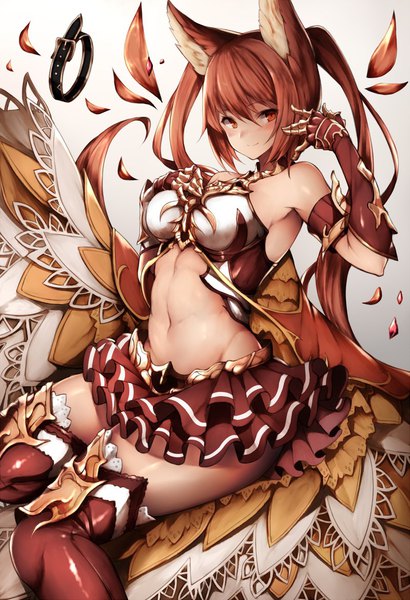 Anime picture 800x1168 with shingeki no bahamut cerberus (shingeki no bahamut) snm (sunimi) single long hair tall image blush fringe light erotic smile hair between eyes red eyes sitting twintails animal ears looking away red hair bare belly gradient background groin