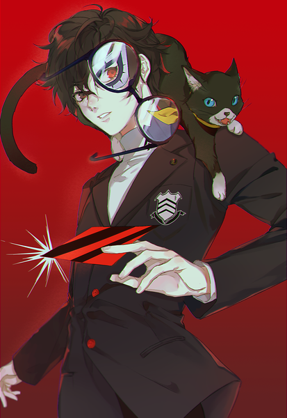 Anime picture 1251x1818 with persona 5 persona amamiya ren morgana (persona 5) sanmen single tall image short hair black hair simple background red eyes upper body red background animal on shoulder eyewear removed boy animal glasses cat turtleneck