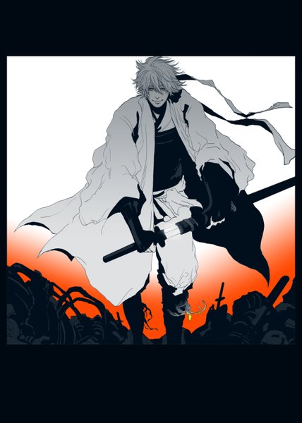 Anime picture 1000x1400 with gintama sunrise (studio) sakata gintoki shiroyasha pe single tall image looking at viewer short hair smile holding traditional clothes japanese clothes border boy ribbon (ribbons) weapon sword katana sheath