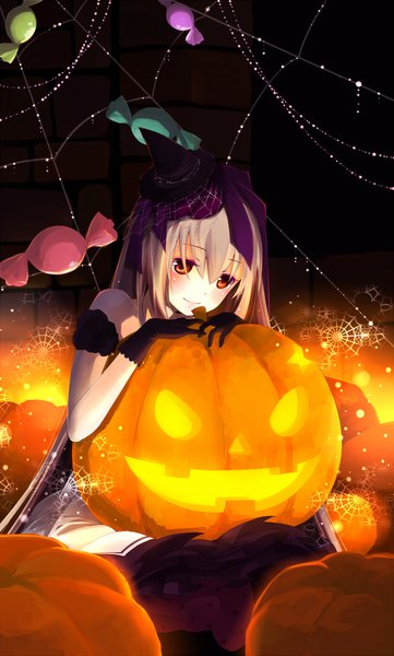 Anime picture 1240x2061 with original ahira yuzu single long hair tall image blush red eyes brown hair halloween girl dress gloves food sweets witch hat vegetables pumpkin