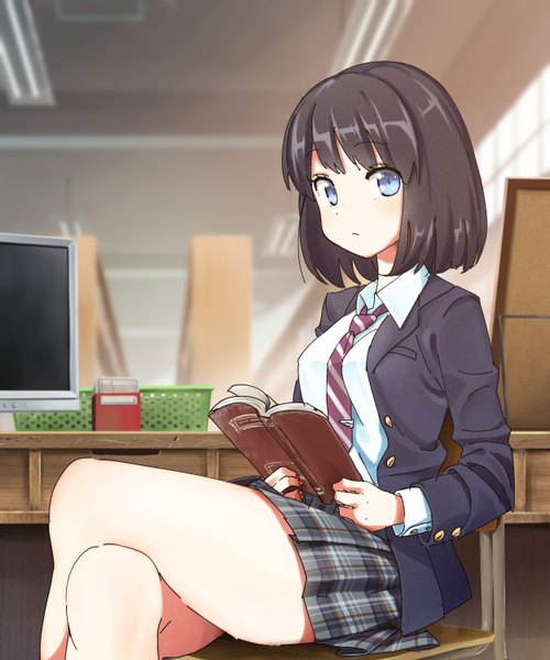 Anime picture 2500x3000 with original domo1220 single tall image looking at viewer blush fringe highres short hair breasts blue eyes black hair sitting holding bent knee (knees) indoors pleated skirt blurry crossed legs plaid skirt