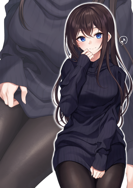 Anime picture 1756x2479 with original kurousagi yuu long hair tall image looking at viewer blush fringe highres blue eyes smile hair between eyes brown hair sitting long sleeves mole mole under eye sleeves past wrists multiview hand to mouth outline