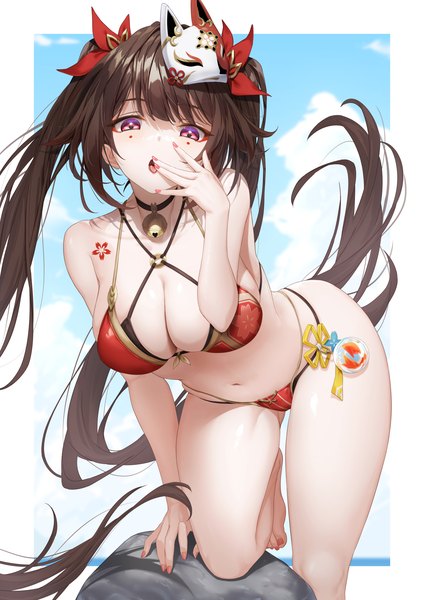 Anime picture 1414x2000 with honkai: star rail honkai (series) sparkle (honkai: star rail) xfate single long hair tall image looking at viewer fringe breasts open mouth light erotic brown hair large breasts standing twintails payot sky blunt bangs nail polish