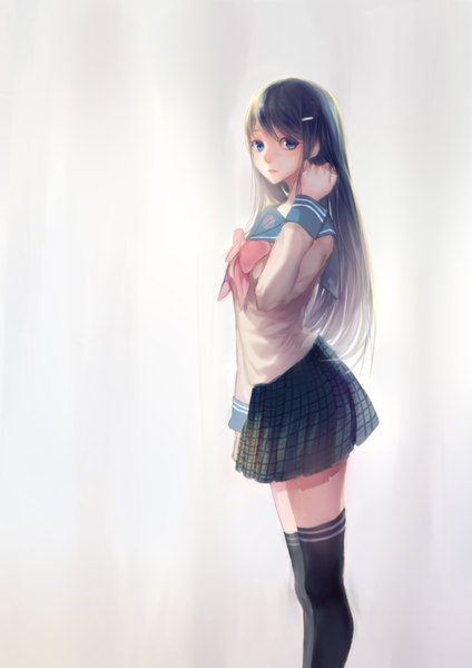 Anime picture 2480x3507 with dangan ronpa maizono sayaka sevennine single long hair tall image looking at viewer fringe highres blue eyes black hair simple background standing profile grey background shadow girl thighhighs hair ornament bow