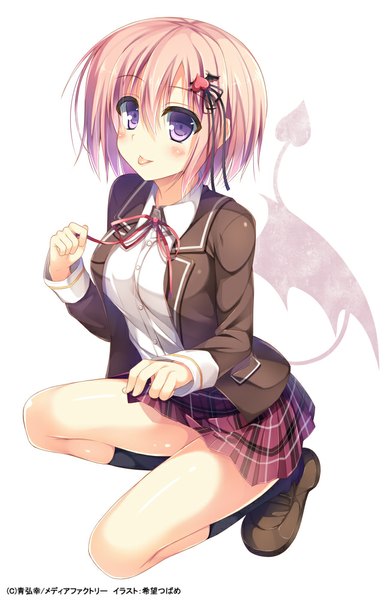 Anime picture 653x1000 with original nozomi tsubame single tall image looking at viewer blush short hair white background purple eyes pink hair :p girl skirt uniform hair ornament school uniform wings socks tongue black socks