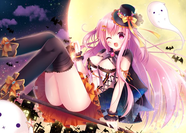 Anime picture 1000x714 with original mizuse sakua single long hair breasts open mouth light erotic large breasts pink hair cleavage cloud (clouds) one eye closed pink eyes wink arm support two side up halloween ;d ghost broom riding