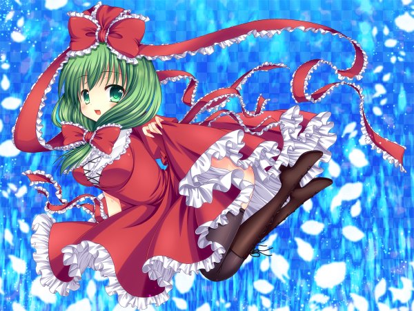 Anime picture 1200x900 with touhou kagiyama hina asazuki kanai single long hair looking at viewer blush open mouth green eyes green hair girl thighhighs dress bow ribbon (ribbons) black thighhighs hair bow hair ribbon thigh boots