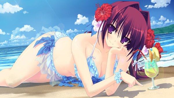 Anime picture 1280x720 with kimi wo aogi otome wa hime ni washio rin kikurage (plastic people) single long hair looking at viewer blush light erotic wide image purple eyes game cg sky cloud (clouds) red hair hair flower beach girl hair ornament flower (flowers) bow