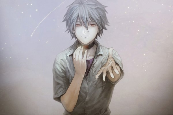 Anime picture 960x640 with neon genesis evangelion rebuild of evangelion evangelion: 3.0 you can (not) redo gainax nagisa kaworu sakin single looking at viewer fringe short hair hair between eyes red eyes upper body arm up light smile grey hair night night sky open collar outstretched hand