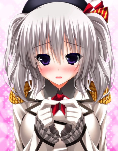 Anime picture 852x1091 with kantai collection kashima training cruiser yunagi amane single long hair tall image looking at viewer blush open mouth purple eyes white hair fingers together girl gloves uniform white gloves epaulettes