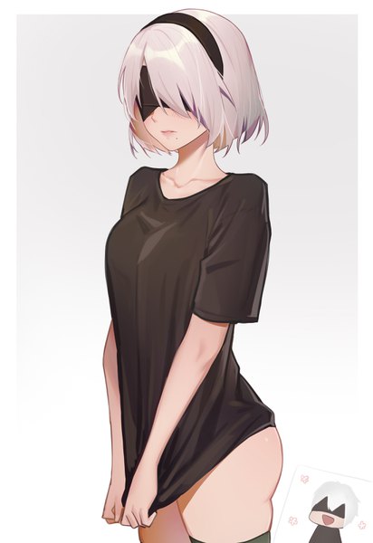 Anime picture 2200x3200 with nier nier:automata yorha no. 2 type b yorha no. 9 type s xtears kitsune tall image blush fringe highres short hair breasts light erotic simple background standing silver hair ass parted lips mole short sleeves embarrassed
