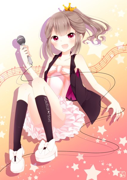 Anime picture 1600x2253 with original goma (11zihisin) single long hair tall image looking at viewer blush open mouth red eyes ponytail grey hair gradient background orange background girl dress socks star (symbol) black socks microphone