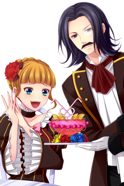 Anime picture 960x1440 with umineko no naku koro ni beatrice ronove uzu hi tall image blush short hair open mouth blue eyes black hair blonde hair traditional clothes transparent background butler girl dress boy hair ornament glasses