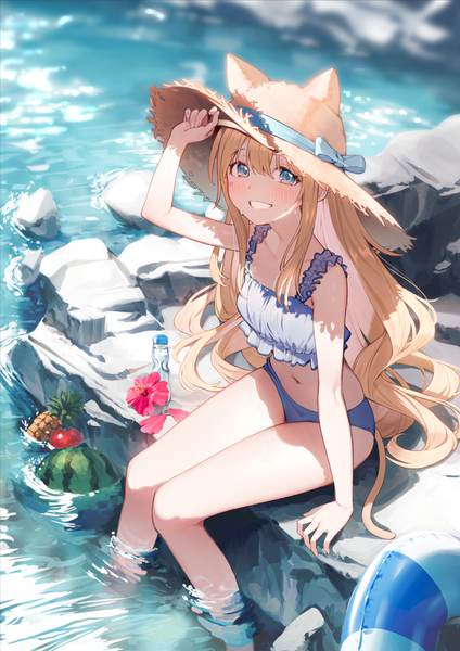 Anime picture 1736x2456 with original nyum single long hair tall image looking at viewer blush fringe highres blue eyes blonde hair hair between eyes sitting animal ears bent knee (knees) outdoors tail animal tail arm up blurry